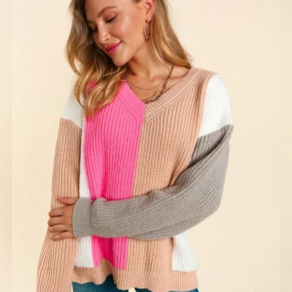Color Block Knit V-Neck Pullover Relaxed Fit Sweater, Pink/Gray/Tan/White, S-M-L - Picture 1 of 10